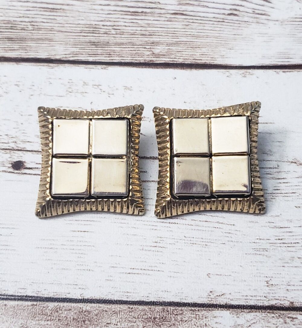 Vintage Clip On Earrings - Gold Tone Statement Square Design 1"
